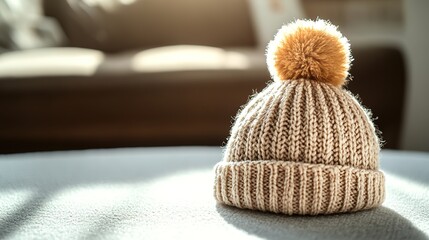 Warm knitted hat with pom-pom in sunlit room