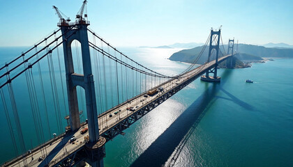 Fototapeta premium Aerial view of a suspension bridge under construction, highlighting its scale, engineering, and workers amidst the sea.