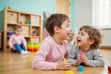Naklejka premium Joyful sibling playtime: brothers laughing and drawing together in a cozy living room