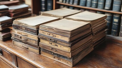 Old, weathered books stacked neatly on a wooden desk in a library setting, reflecting a timeless...