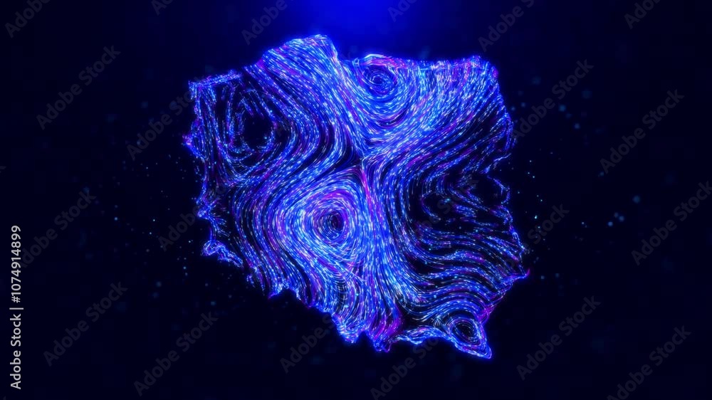 Poster abstract motion view poland map design, featuring glowing blue hairlines, dynamic flowing patterns, 