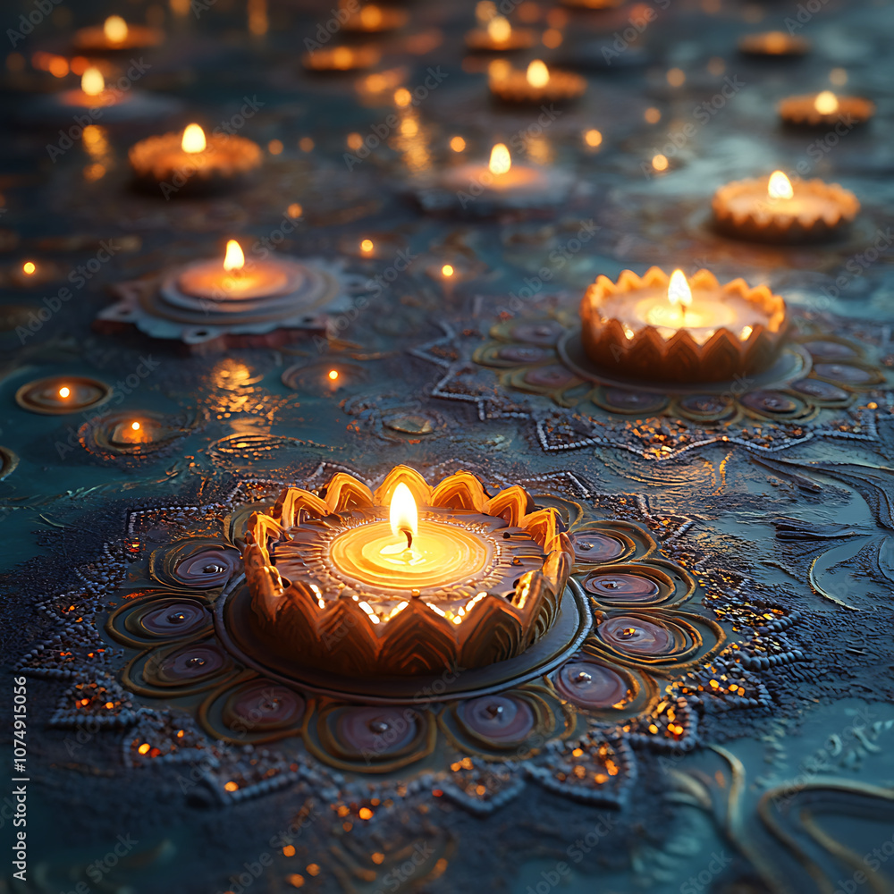 Poster serene scene featuring glowing candles arranged in intricate rangoli patterns, creating warm and inv