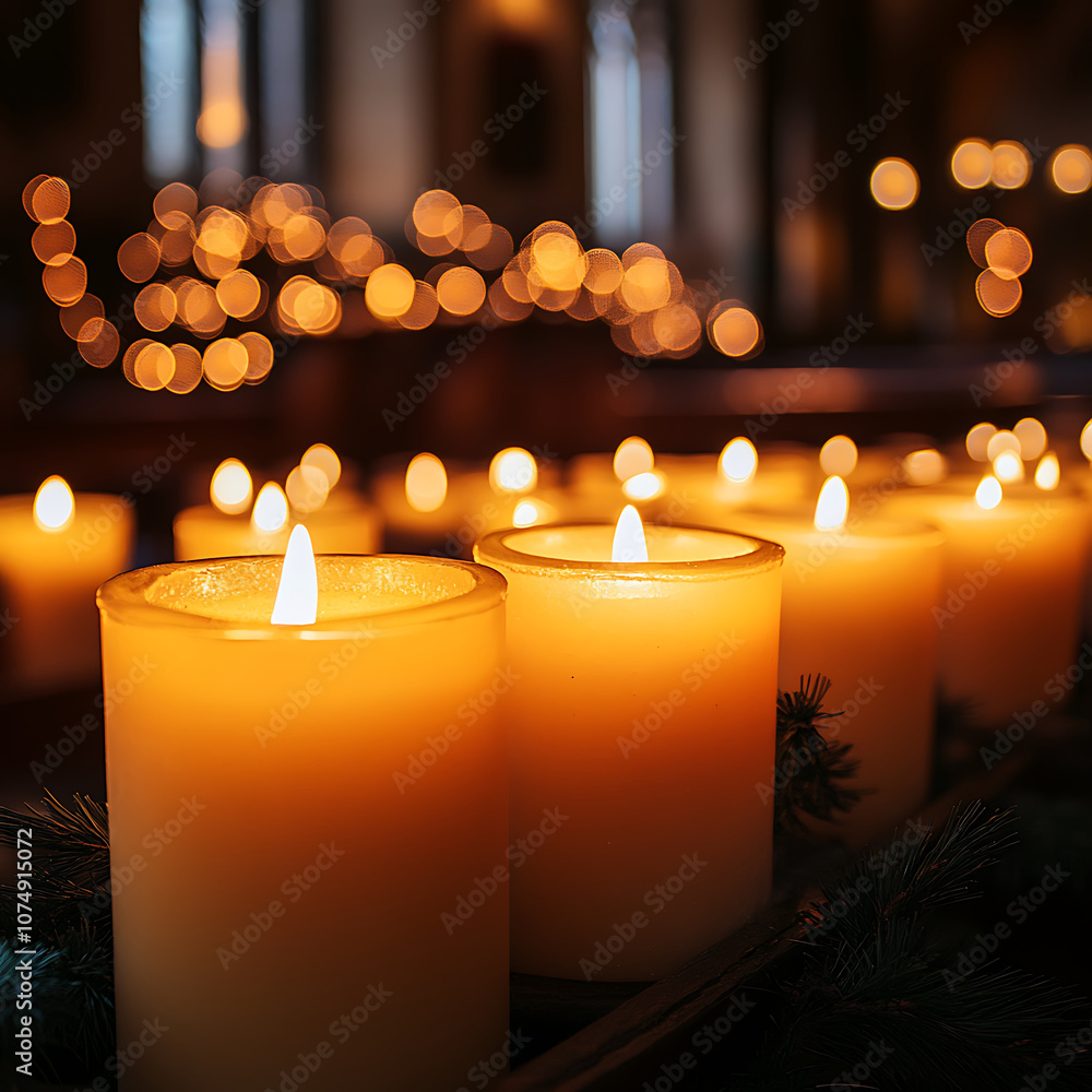 Poster warm and serene close up of glowing candles in row, creating peaceful ambiance with soft bokeh light