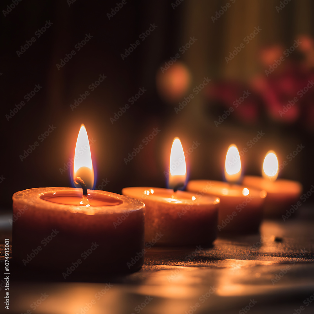 Poster close up of glowing candles in row, creating warm and serene atmosphere. flickering flames add calmi