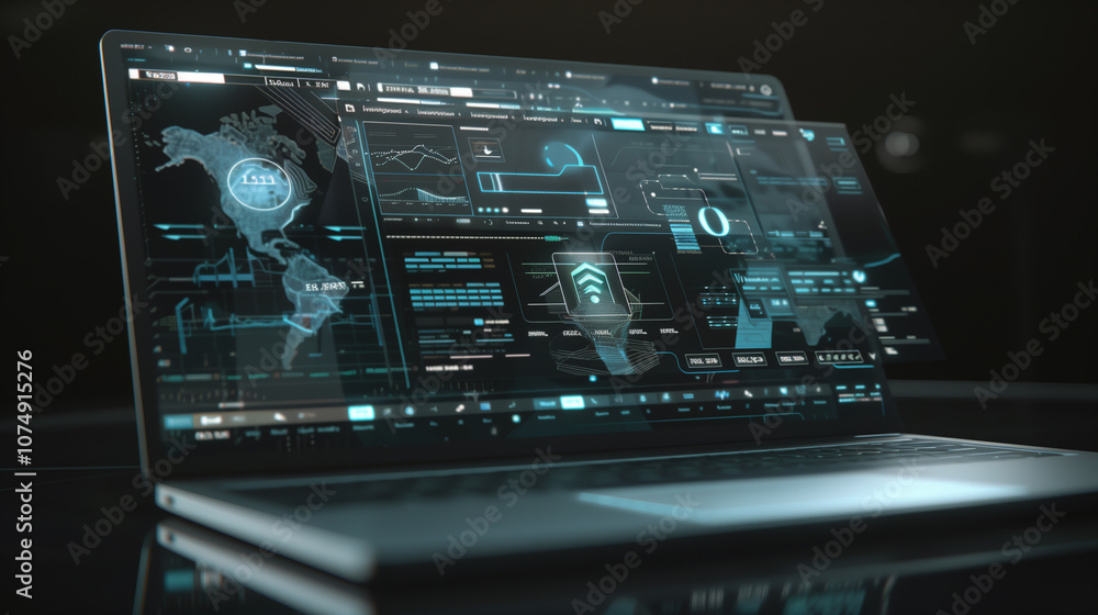 Poster business laptop screen with a floating hologram displaying digital financial transactions, invoices,