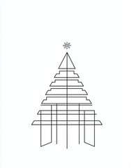 Fototapeta premium Minimalist Line Art Christmas Tree with Geometric Shapes and Snowflake Topper for Modern Holiday Decor and Print Design