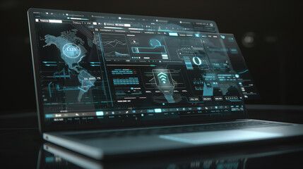 Business laptop screen with a floating hologram displaying digital financial transactions, invoices, and secure payment gateways in real-time.
