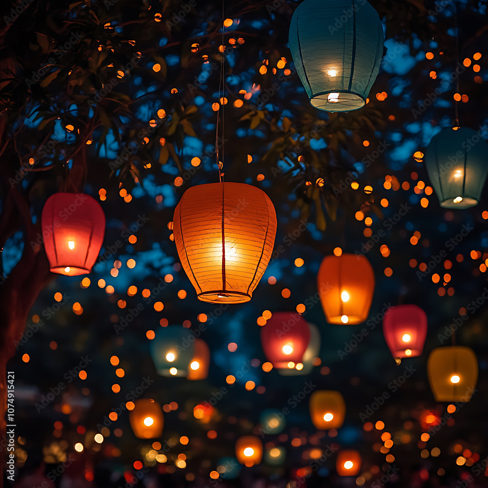 Aufkleber glowing lanterns illuminate night sky, creating vibrant atmosphere filled with warm colors and soft 