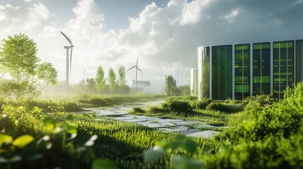 Fototapeta premium Green energy data center, sustainable digital future, 3D illustration 