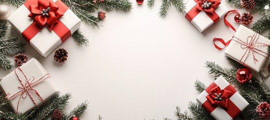 Christmas and New Year Gift Box Decoration with Red Ribbons.