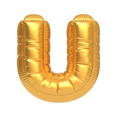 Shiny gold balloon shaped as the letter U on a white background, ideal for celebrations, events, and festive decorations. 3D render illustration
