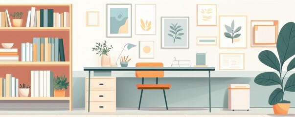 Minimalist workspace with sleek desk, ergonomic chair, and stylish shelving, neatly arranged books and decorative plants.