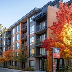 Naklejka premium Modern Apartment Building with 'For Rent' Sign in Autumn Setting