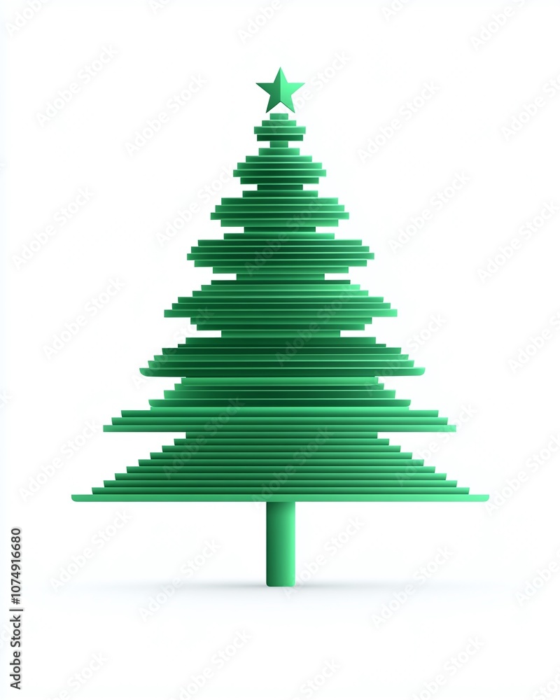 Poster modern abstract green tree design with layered stripes and star topper standing on a minimalist whit