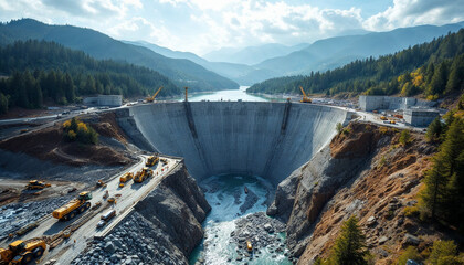 Aerial view of a dam construction site in a rugged, mountainous landscape, showcasing scale and activity.

