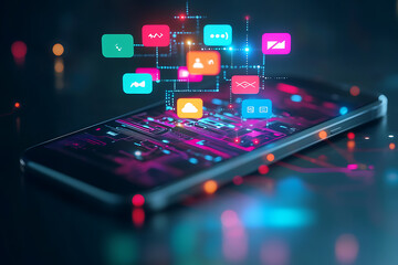 Fototapeta premium A smartphone with colorful chat icons bursting out, overlaying a complex flowchart below, symbolizing interconnected communication and digital organization.