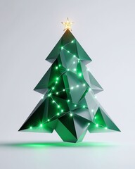 Obraz premium Modern Geometric Christmas Tree with Bright Star and LED Lights, Festive Green Tones Perfect for Seasonal Celebrations and Holiday Decor Inspiration