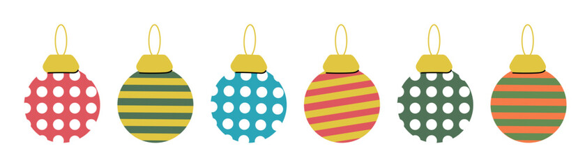 Set of different round christmas tree decoration striped and spotted in red, yellow, blue green color on white background. Hand drawn vector flat colored illustration. Greeting card decoration, winter