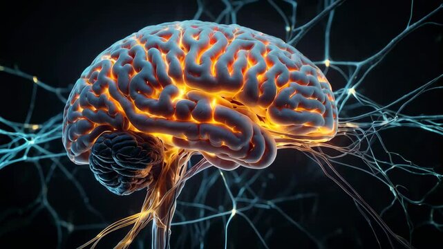 A digital 3D rendering of a human brain with glowing neurons and neural pathways. The image represents the complexity and activity of the human brain.