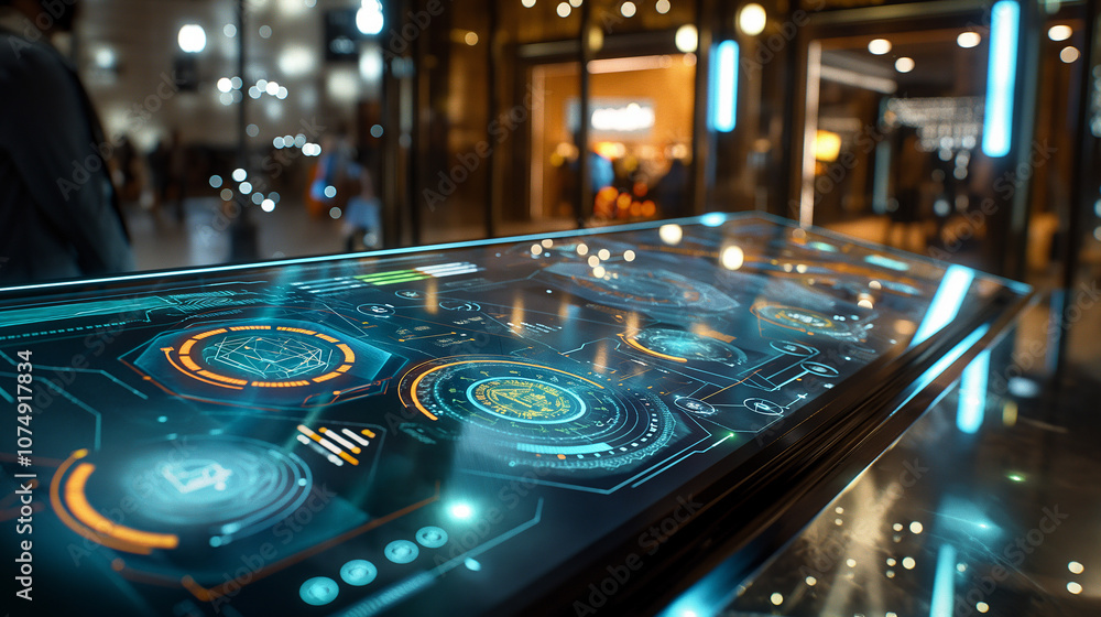 Poster holographic ar interface showing digital business transactions with secure encryption symbols, insta