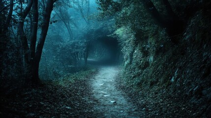 Narrow, winding path disappearing into thick darkness