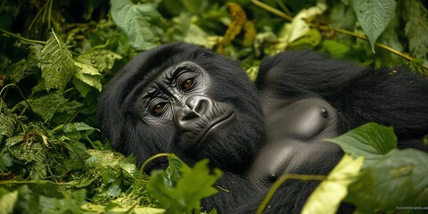 Fototapeta premium A mountain gorilla resting in the lush green foliage, with a thoughtful expression.