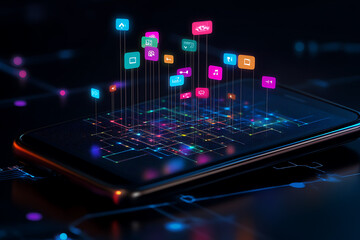 Obraz premium A smartphone with colorful chat icons bursting out, overlaying a complex flowchart below, symbolizing interconnected communication and digital organization.