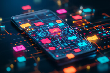A smartphone with colorful chat icons bursting out, overlaying a complex flowchart below, symbolizing interconnected communication and digital organization.