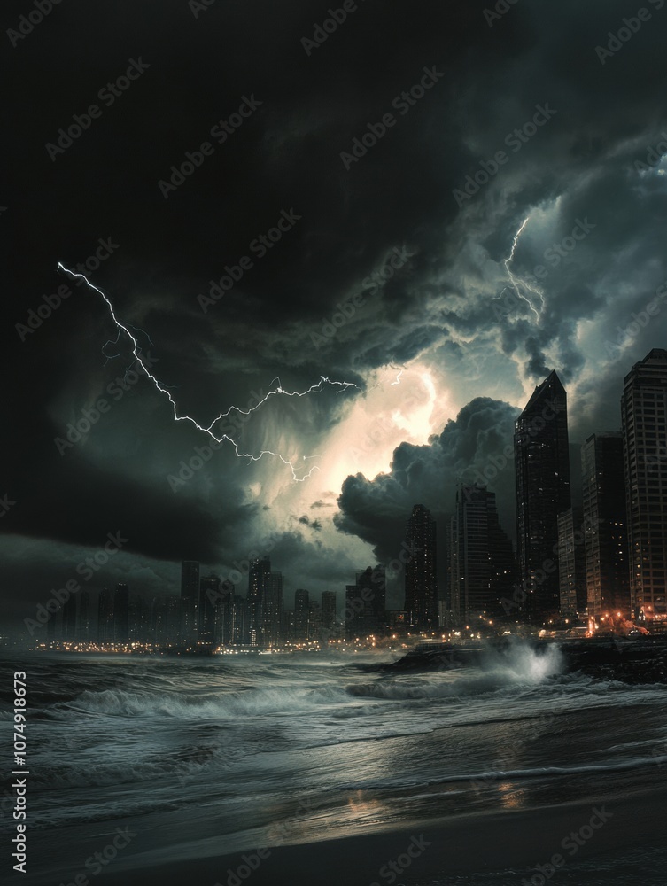 Poster thunderclouds loom ominously over the coastal city, with flashes of lightning cutting through the da