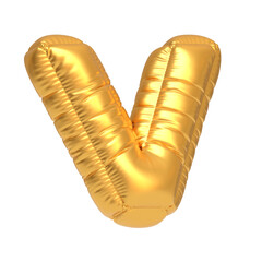 Shiny gold balloon in the shape of the letter V, isolated on a white background, perfect for party decorations and typography projects. 3D render illustration