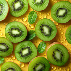 Fototapeta premium Kiwi sliced ​​on a bright yellow background with water droplets and mint leaves