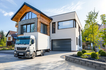 Modern house with a delivery truck parked outside, showing contemporary architecture and design.