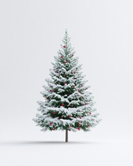 Obraz premium Snowy Christmas Tree with Red Ornaments Isolated on a White Background for Holiday Celebrations and Seasonal Decor