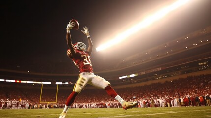 Playerâ€™s intense facial expression as they stretch for a catch under bright stadium lights