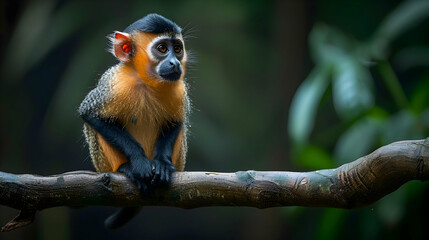 Fototapeta premium Amazon Uakari Monkey sitting on a branch, its distinctive red face and fur pattern visible