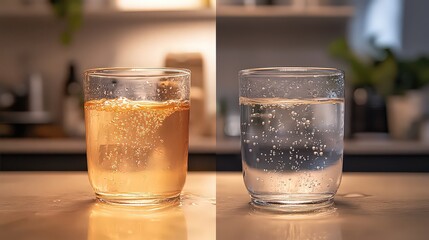  Split-screen image with murky, yellowish water in one glass on left, contrasted with clear, pure filtered water in glass on the right.