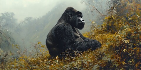 A majestic gorilla sits amidst lush foliage, gazing out at the misty landscape.