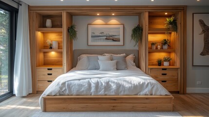 Beautifully designed bedroom featuring a luxurious wooden bed frame surrounded by artistic shelving and natural elements creating a serene and warm atmosphere