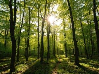 Obraz premium Silent forest in spring with vibrant sun rays filtering through lush green trees and illuminating the forest floor, peaceful, serene