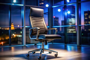 AI-created image: black swivel office chair, dark modern office, night.