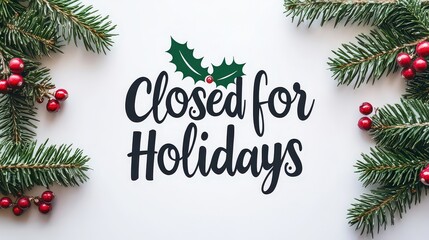  "Closed for Holidays" text in black serif font on white, with simple holly icon for a clean, minimalist holiday feel.