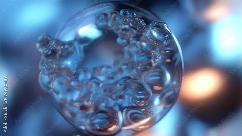 Fototapete Animation of a spherical glass object with a play of light and colored refractions, where blue tones create a sense of volume through the contrast of sharpness and blur