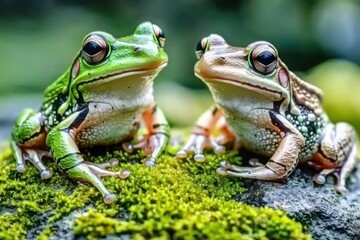 Fototapeta premium Two colorful frogs sitting on moss-covered rocks in a natural setting.