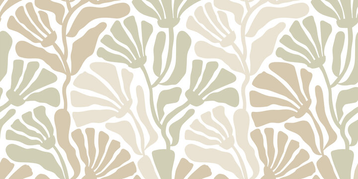 A seamless pattern featuring stylized floral shapes in muted green and beige tones.