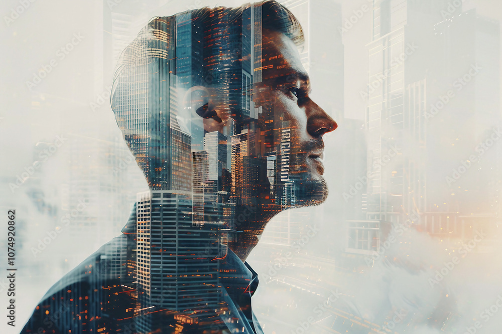 Poster A double exposure image showing a silhouette of a worker against a backdrop of city lights generative ai