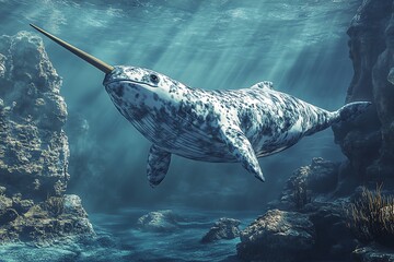 A majestic narwhal swims through the clear, blue ocean water, with sunbeams streaming down from above. Its long, spiraled tusk is clearly visible.