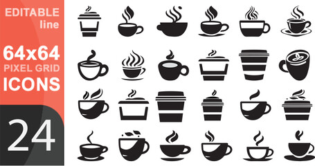 Coffee icon collection - vector outline illustration and silhouette