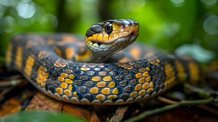 Obraz premium Amazon Whip Snake slithering through the underbrush, its slender body and scales highlighted