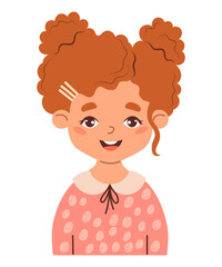 Cute cartoon little girl with curly hairstyle. Vector illustration. Smiling anime female child character isolated on white background. Print for T-shirt for kids .