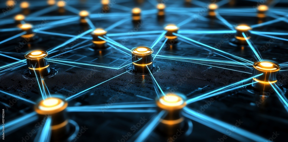 Aufkleber Abstract network with glowing nodes connected by blue lines.